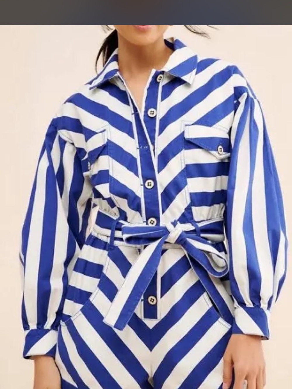 FARM Rio Blue and White Striped Jumpsuit with Self-Tie Belt